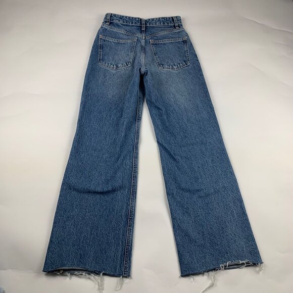 Zara Medium Wash Blue Denim Distressed Wide Leg Ankle Jeans 2 - Picture 4 of 5